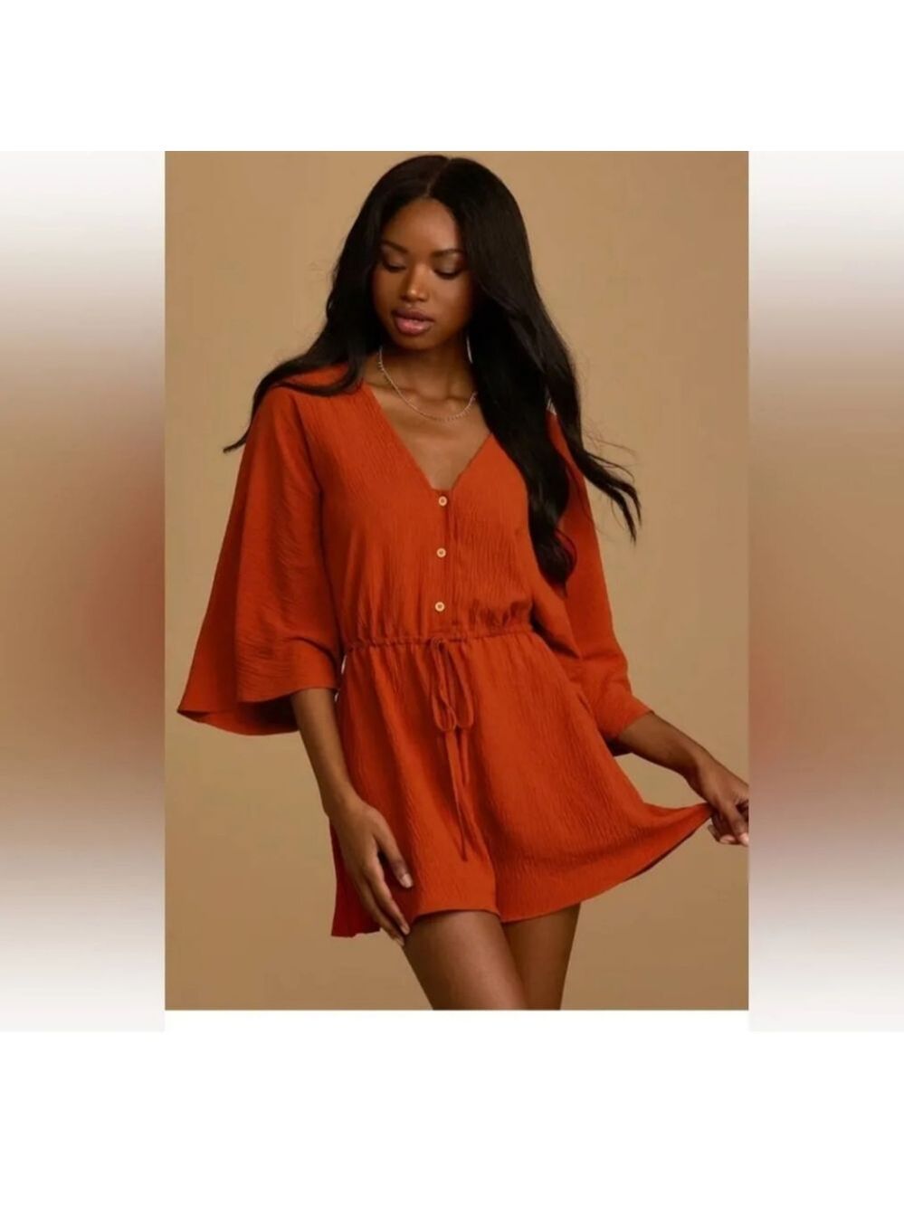 Lulu's Burnt Sienna Kimono Bell Sleeves Flowy Boho Romper, Sz XL